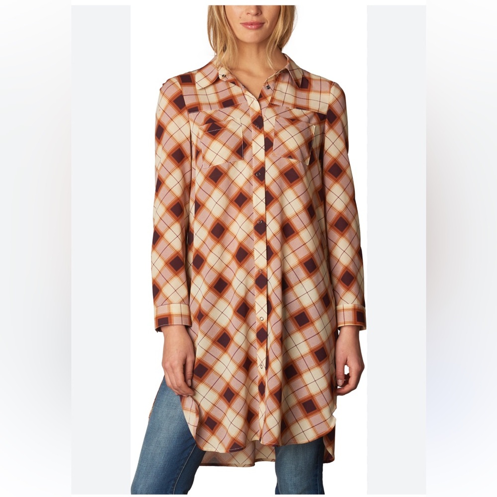 prAna Women's Flint Maxi Top Dark Umber Size XSmall Snap Front‎ Plaid